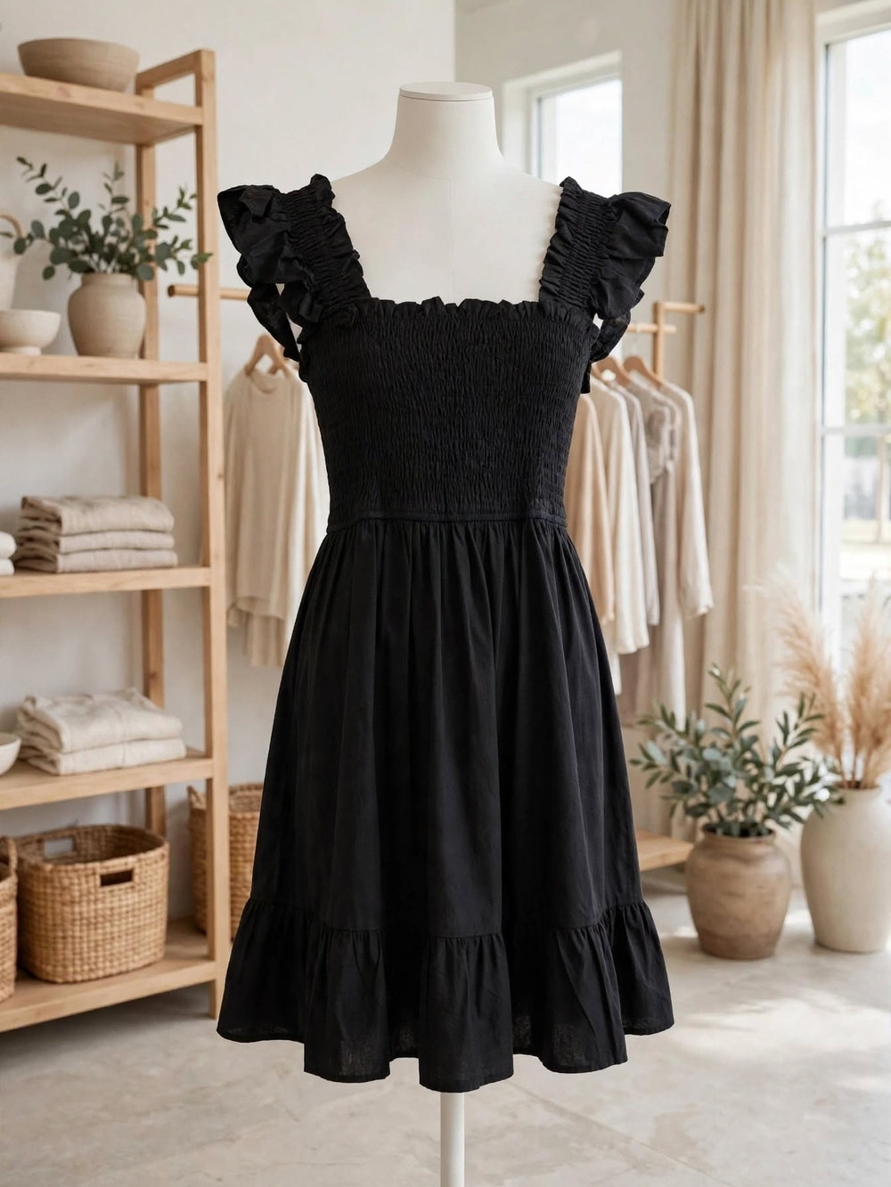 Smocked Ruffle Strap Sundress - Black